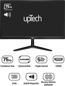 Resim Uptech 19" Led Monitör 75hz 5ms Dahili Hoparlörlü Uzaktan Kumandalı Hdmı Vga Geniş Ekran 