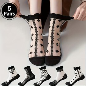 Resim 5 Çift Kadın Orta Baldır Çorapları - Siyah Dantel, Çiçek Deseni, Kaymaz, Nefes Alabilen Polyester Karışımı, Bahar ve Sonbahar için Mükemmel, Nefes Alabilen Çoraplar | Çiçek Dantel Tasarımı | Örgü Dokusu 