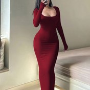 Resim Dar Oturan, Ultra Uzun Kollu Kadın Sonbahar Elbisesi, Kare Yaka, A-Şekilli Siluet ve Seksi, Dikişli Uygunluk. 