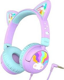 Resim iClever Çocuk Kulaklığı, LED Işıklı Kedi Kulağı, 85 dBA Güvenli Ses Seviyesi, Stereo Ses, Küçük Çocuk Kulaklığı, Katlanabilir 3,5 mm Çocuk Kulaklığı, iPad, Tabletler, Okul, Seyahat için Kablolu 