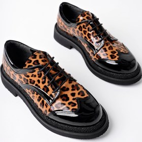Resim MARSHETTA Leopatra Model Leopar Desenli Siyah Rugan Kadın Günlük Oxford Bağcıklı Ayakkabı 