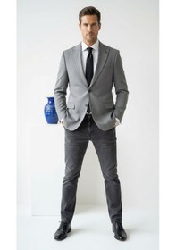 Resim Plus Scorpion Erkek Blazer Ceket Twill Puntolu Kırlangıç Yaka 2 Düğmeli Çift Yırtmaçlı Slim Fit Açık Gri 