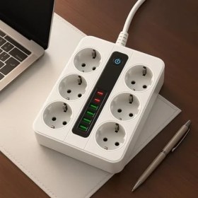 Resim 6 Priz + 4 USB Çıkışlı Akıllı Çoklu Priz - Aç/kapa Anahtarlı, Hızlı Şarj Destekli, 3680 Watt, Ev & Ofis Kullanımı 