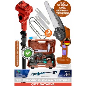 Resim Böhrer V598/21V 6806K Teleskopik 10-15 CM Akülü Budama Şarjlı Zincirli Dal Budama Makinesi Kırmızı 