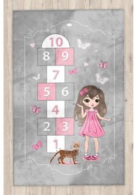 Resim Prenses Kız Seksek KelebekliBambu Çocuk Odası Halısı Çok Renkli 