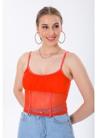 Resim Ceyss Design Astarlı İnce Askılı Tül Crop Büstiyer-nar Çiçeği Narçiçeği 