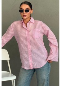 Resim Madmext Pembe Çizgili Sendy Kumaş Kadın Gömlek Mg2834 