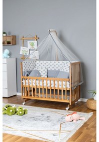 Resim Ahşap Beşik Anne Yanı Beşik Vernikli 60x120 - Gri Balina Uyku Seti + Yataklı + Tekerlekli Ahşap 