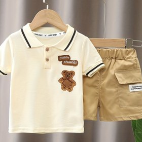 Resim Little Boys Casual Suit - Sevimli Ayı ve Mektup İşlemeli Gömlek Üst + Şort 