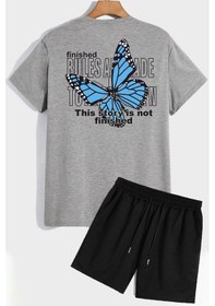 Resim Uyguntarz Sırt Baskılı Şort T-shirt Eşofman Takımı Gri 