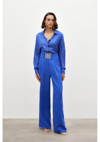 Resim Sateen Bel Aksesuarlı Bol Paça Pantolon - Sax Mavi-134774 Saks Mavisi 
