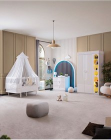 Resim Vira Çocuk Odası Takımı, Vira 2 Kapaklı Dolap, Yıldız Büyüyen Beşik, Şifonyer, Kitaplık Beyaz 