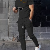 Resim Yeni Erkeklerin Casual Set Outdoor Çok yönlü Yüksek Son Trend Erkek Waffle Yaka Kısa Kollu Cebi Uzun Pantolon Solid Renk Erkek Set İki Parça 