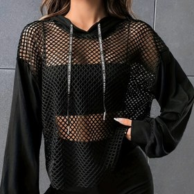 Resim Y2K tarzı kapüşonlu file uzun kollu tişört, yazlık örgü kumaş üstü kontrast file detaylı, polyester ve spandeks karışımı, normal uzunluk düz renk tişört 