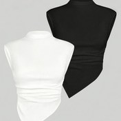 Resim İki Parçalı Düz Renk Yüksek Yaka Asimetrik Pilili Üstler Takımı PB-609 