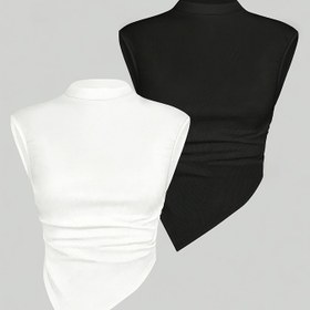 Resim İki Parçalı Düz Renk Yüksek Yaka Asimetrik Pilili Üstler Takımı PB-609 