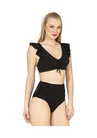 Resim Endeep Kadın Fırfırlı İp Detaylı Yüksek Bel Bikini Takımı Siyah 