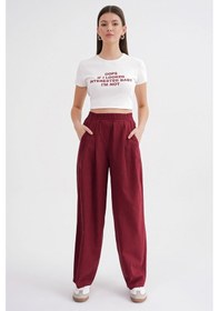 Resim Mixray 4682 Kadın Beli Lastikli Jogger Bol Keten Pantolon Bordo 
