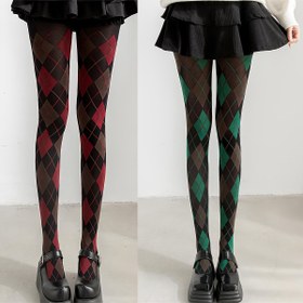 Resim 1 Çift Kadın Vintage Argyle Desenli Tayt - Karışık Renkler (Siyah/Kırmızı/Yeşil/Beyaz) Esnek Naylon Karışımı, Günlük ve Parti Giyim için Retro Stil, Elde Yıkama/Kuru Temizleme, Günlük Moda Tayt | Zarif Tayt | Naylon Karışımı Tayt 