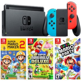 Resim Nintendo Switch Renkli Mavi Kırmızı + Super Mario Maker 2 + Super Marıo Party + Super Marıo Bros U Deluxe 