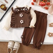 Resim 2'li Kız Çocuk Şık Çiçek Desenli Smock Elbise & Pantolon Seti - Yumuşak Kahverengi & Fırfırlı Yaka, Kabarık Kollu & Fırfırlı Etek Uçlu Uzun Kollu Smock Üst, Dış Mekan için 