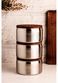 Resim Snippy Steelora - 3'lü Ahşap Vakumlu Kapaklı Paslanmaz Çelik Kase Kahvaltılık Çerezlik 700 Ml Çelik 