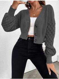 Resim Aqe Fashion V Yaka Örgü Desenli Triko Crop Antrasit Hırka Antrasit 