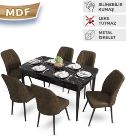 Resim Canisa Concept Mun Serisi 80x132 Açılabilir Mdf Siyah Mermer Desen Masa Takımı 6 Kahverengi Sandalye 