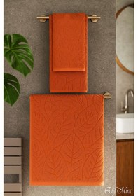 Resim Banyo & Yüz Havlusu Seti Dokulu %100 Pamuk 90x150 + 50x90 Cm Foliva Turuncu 
