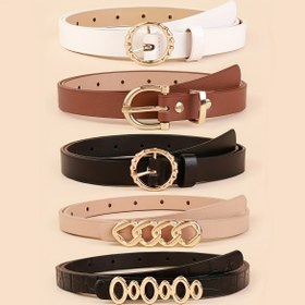 Resim 5'li Paket Kadınlar için Şık İnce Kemerler Alaşım Tokalarıyla - Beyaz, Bej, Kahverengi, Siyah ve Altın Tonlu Metal Kemerler Günlük, Düğün, Parti veya Gündelik Giyim İçin 