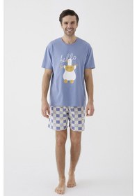 Resim Erkek Kısa Kollu Pamuklu Ekose Desenli Ördek Baskılı Şortlu Pijama Takımı Ke30309 Mavi 