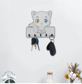 Resim Dekoratif Sevimli Beyaz Kedi Ahşap Anahtarlık Hol Askı 