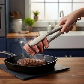 Resim Mutfak Maşası Yemek Izgara Salata Barbekü Kızartma Maşası, Dayanıklı Paslanmaz Çelik Saplı Silikon Yemek Maşası 3 Renk Seçeneği (Gri-Krem-Bej) (Gri) 