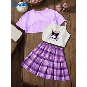 Resim Sanrio Girls' Plaid Pleated Skirt Three-Piece Set—Includes a Short Camisole, Short Sleeves, And a Short Skirt, Designed for Comfort And Ease, Showcasing a Lively And Sweet Style, Perfect for Summer Outings And Various Occasions, Featuring Hello Kitty, for My Melody, for Kuromi, And Cinnamoroll. 
