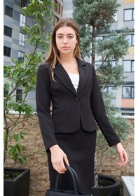 Resim Yakalı Flato Cepli Uzun Kol Pamuklu Kumaş Kısa Blazer Ofis Ceket-siyah Siyah 