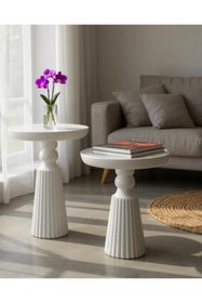 Resim ASELYA HOME Doğal Ahşap 2’li Set Beyaz Renk Mantar Yan Sehpa Modern Fiskos Zigon Çiçeklik 