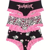 Resim Şık 3'lü Kadın Külot Seti, Leopar & Kafatası Baskılı, Pembe Dantel Kenar - Rahat Polyester Karışımı, Makinede Yıkanabilir 