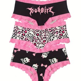 Resim Şık 3'lü Kadın Külot Seti, Leopar & Kafatası Baskılı, Pembe Dantel Kenar - Rahat Polyester Karışımı, Makinede Yıkanabilir 