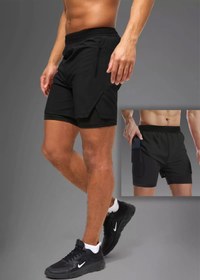 Resim Siyah Unisex Gym Ve Fitness Astarlı Taytlı Şort / Gizli Cep Detaylı / Örme Lastikli - L 