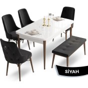 Resim Canisa Concept Taç Serisi 80 x 132 cm Beyaz Masa Ceviz Ayak Yemek Masası Takımı 4 Sandalye Gümüş Halkalı ve 1 Bench 