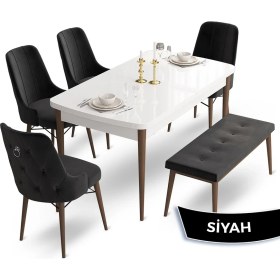 Resim Canisa Concept Taç Serisi 80 x 132 cm Beyaz Masa Ceviz Ayak Yemek Masası Takımı 4 Sandalye Gümüş Halkalı ve 1 Bench 