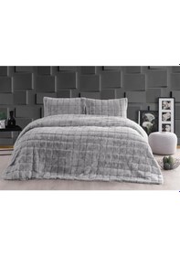 Resim Velina Pelüş Çift Kişilik Yatak Örtüsü Gri Gri 