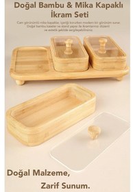 Resim 3'lü Standlı Bambu Çerezlik - Kapaklı Kahve Yanı Sunumluk Bambu Kase Kahvaltılık Sunum Kasesi Açık Kahverengi 
