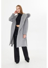 Resim Gamazzini Kürk Detaylı Punto Dikişli Kaban Gri 