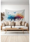 Resim Renkli Ağaç Ve Kuşlar Desenli Duvar Halısı Duvar Örtüsü Tapestry Süet Dokulu Kumaş 