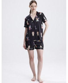 Resim Laperissa Kadın Kısa Kollu Şortlu Pijama Takımı Kız Bebek Desenli Yazlık Rahat Takım Siyah 