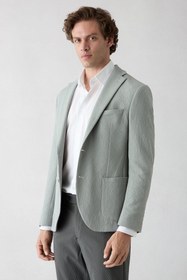 Resim Orta Gri Techno-Line 7 Drop Slim Fit Dar Kesim Mono Yaka Keten Karışımlı Çizgili Çantalı Esnek Ceket - Slim Fit / Orta Gri / 48 