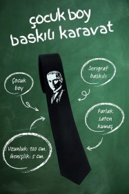 Resim Çocuk Boy Atatürk Ve Imza Baskılı Saten Siyah Kravat - Ck-29 