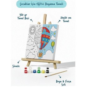 Resim Balon Temalı Çocuk Boyama Tuvali Şövaleli Eğitici Boyama Seti 20x20 Cm 