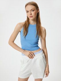 Resim Crop Basic Halter Yaka Atlet Ribanalı Pamuklu Slim Fit 